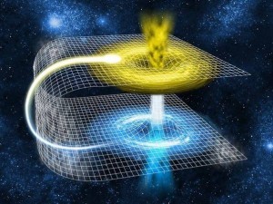 Structure de l'espace-temps perturbée par un trou de ver, et permettant la connexion de deux points éloignés dans le temps et l'espace.