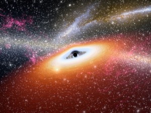 Simulation de ce à quoi devrait ressembler un trou noir stellaire. Le cercle noir est l'horizon des événements. (Crédit: NASA/JPL)